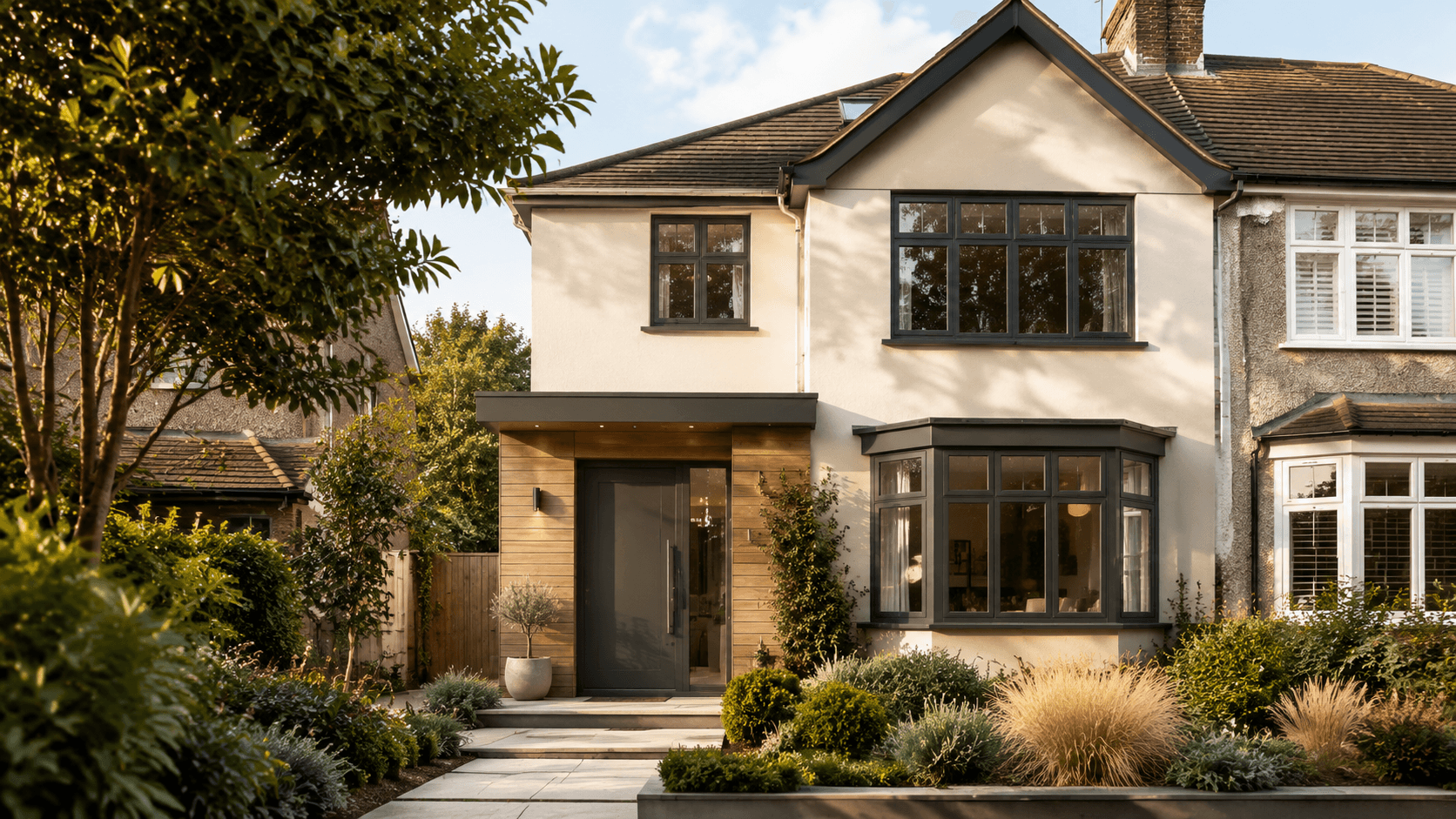 Renovated home facade with off-white render, anthracite window frames and a new porch